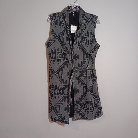 Free People Geometric Longline Denim Vest in Black Combo Oversize XS New NWT - Picture 2 of 9